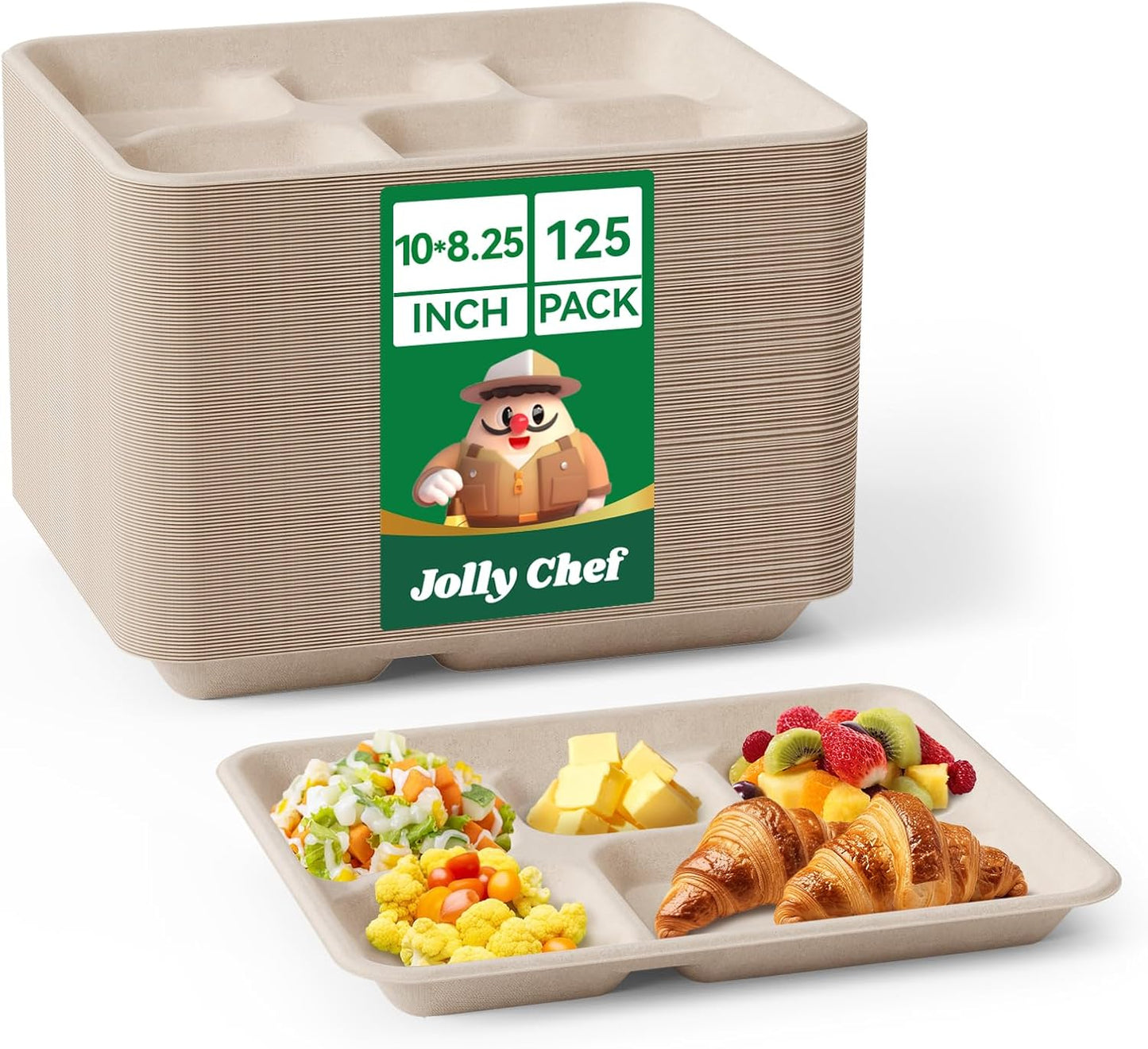 JOLLY CHEF Compostable 5 Compartment Paper Plates 10 * 8.25 * 1 inch 125 Pack Small Disposable Eco-Friendly Biodegradable Food Trays for Primary and Secondary School Students’ Lunch (Brown)