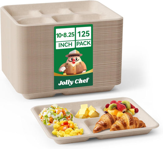 JOLLY CHEF Compostable 5 Compartment Paper Plates 10 * 8.25 * 1 inch 125 Pack Small Disposable Eco-Friendly Biodegradable Food Trays for Primary and Secondary School Students’ Lunch (Brown)