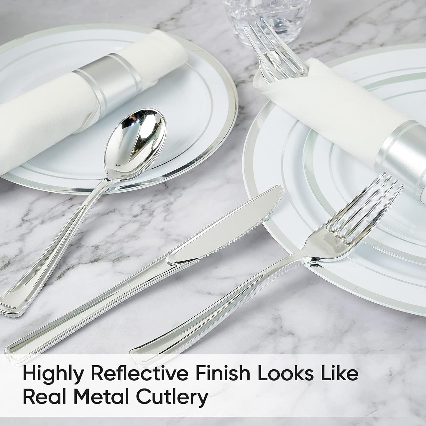 30 Pack Pre Rolled Silver Plastic Silverware, Disposable Cutlery Set- 30 Forks, 30 Spoons, 30 Knives, 30 Napkins, Disposable Heavy Duty Silverware Set for Dinner, Party, Wedding