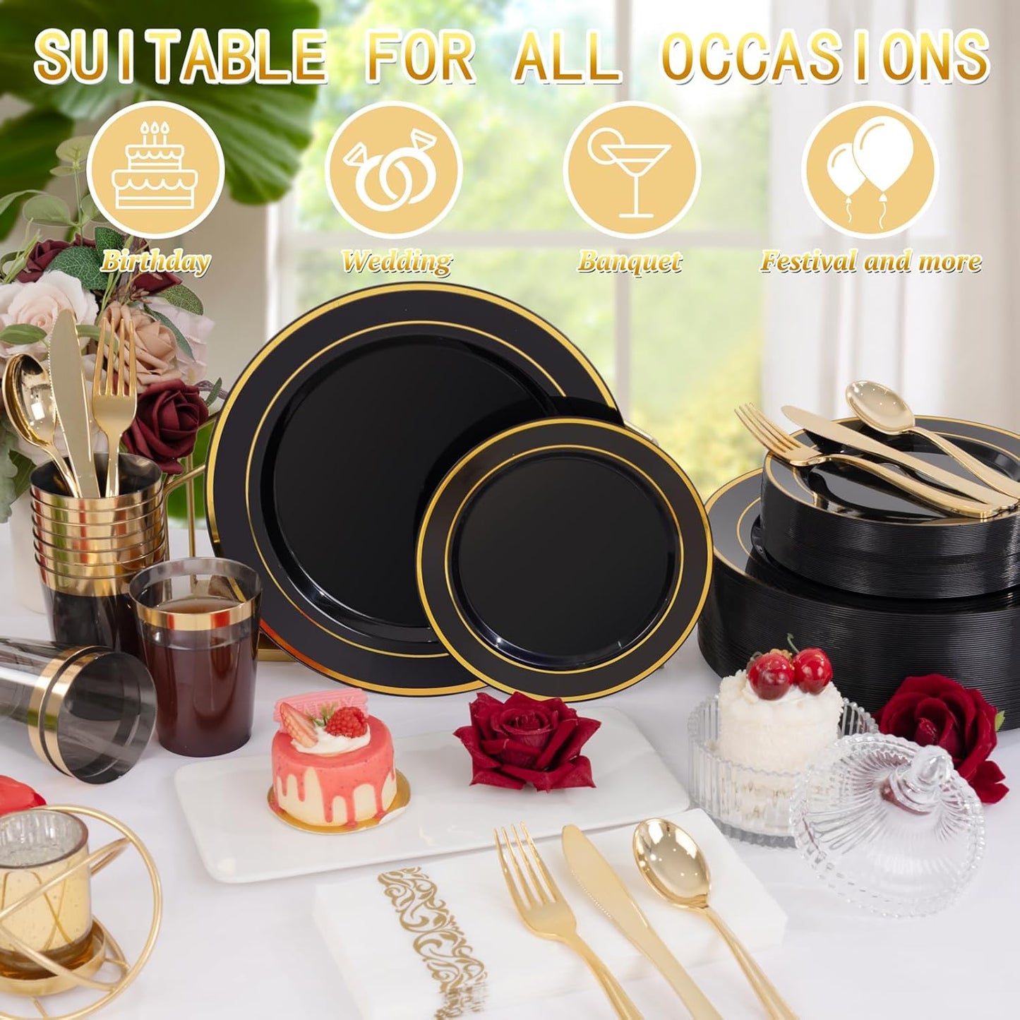 Supernal 800PCS Black and Gold Disposable Dinnerware Set Include 100 Dinner Plates&100 Dessert Plates,100 Knives,200Forks,100Spoons,100Cups,100Napkins for Party&Birthday