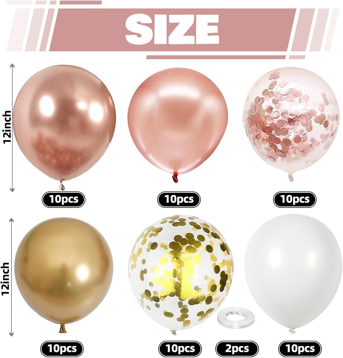 Rose Gold Confetti Balloons, 60 Packs 12 inch Metallic Rose Gold and Chrome Gold Party Balloon with Ribbon for Girls Women Birthday Wedding Anniversary Bridal Baby Shower Decoration