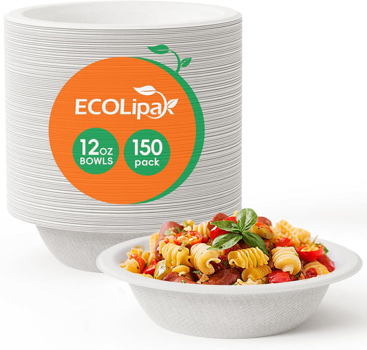ECOLipak 150 Pack Compostable Disposable Paper Bowls, 12 OZ Heavy duty Biodegradable Eco Friendly Sugarcane Bagasse Bowls Great for Soup, Salad, Milk Cereals