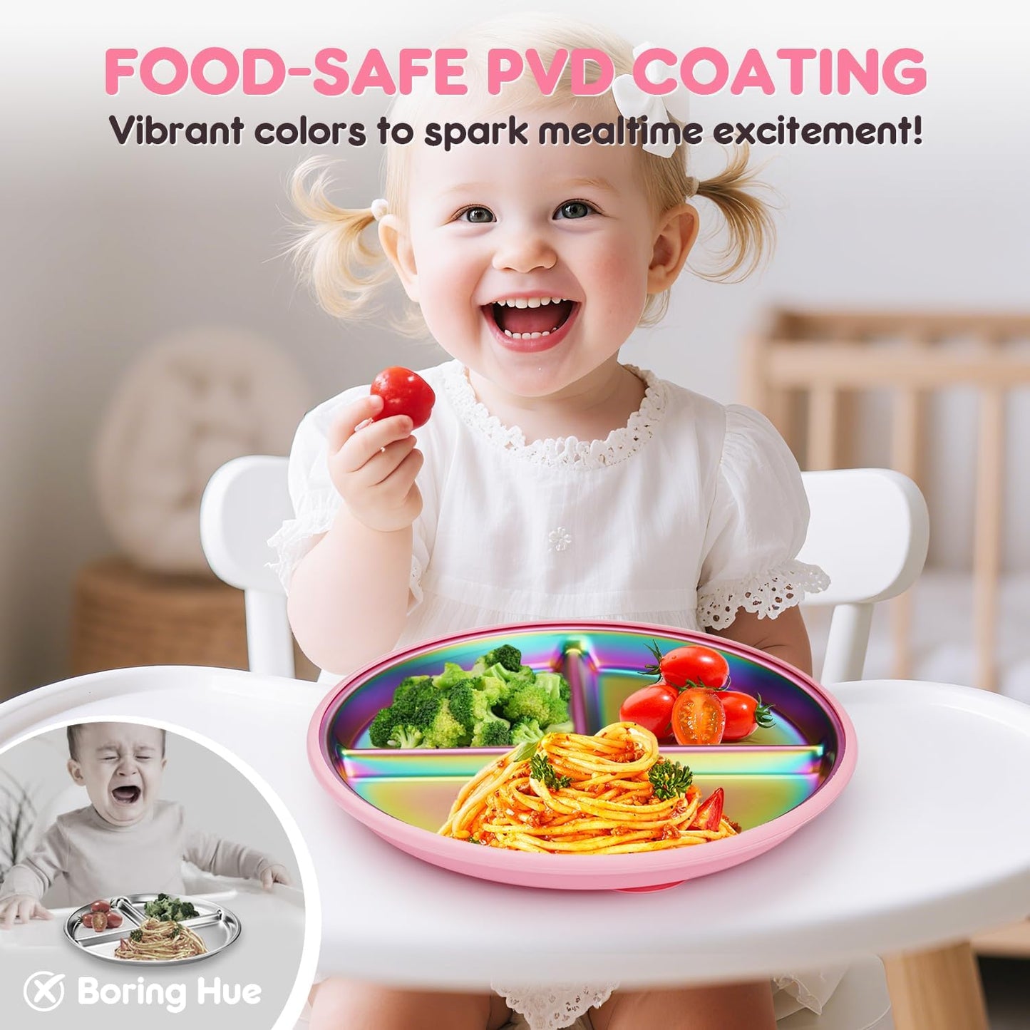 Stainless Steel Kids Plates with Suction, 9" BPA-Free Rainbow Toddler Plates 2pcs with Removable Food-Grade Silicone Base, Divided Baby Plates Dishwasher Safe, Pink & White