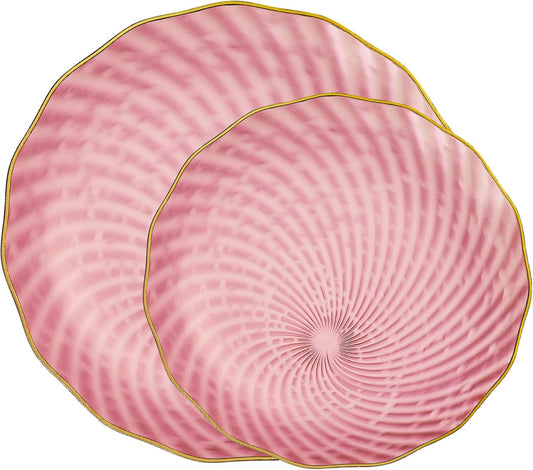 PLASTICPRO 60 Pack Plastic Plates Set of 30-10 inch Plates and 30-7 inch Plate, Elegant Clear Pink Spiral and Gold Rim Disposable Fancy Dishes Heavyweight