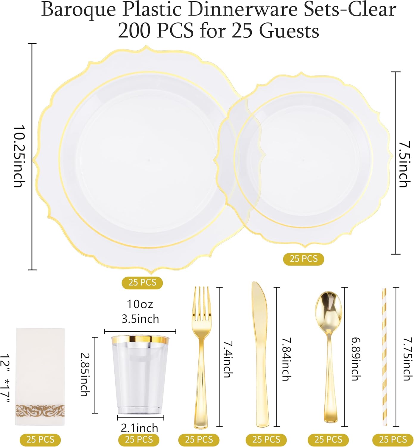 200 PCS Baroque Clear Gold Dinnerware Set for 25 Guests,Gold Rimmed Heavy Duty Plastic Disposable Plates for Party Wedding with Napkins,25Dinner Plates,Dessert Plates,Spoons,Forks,Knives,Cups