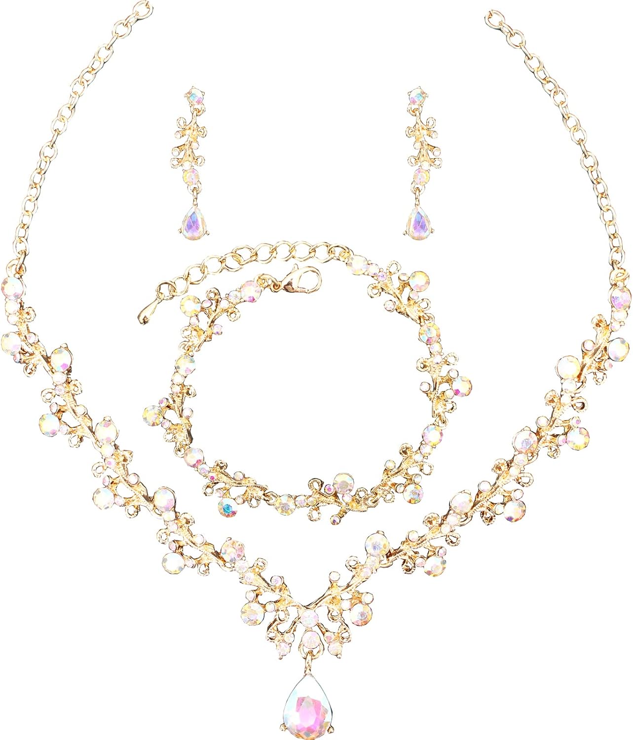 3Pcs Austrian Crystal Jewelry Set for Women, Necklace Dangle Earrings Link Bracelet Jewelry Set with Gold/Platinum/Gun Plated, Wedding Party Jewelry for Bridal Bridesmaid