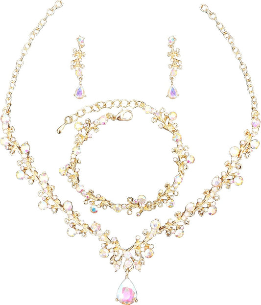 3Pcs Austrian Crystal Jewelry Set for Women, Necklace Dangle Earrings Link Bracelet Jewelry Set with Gold/Platinum/Gun Plated, Wedding Party Jewelry for Bridal Bridesmaid