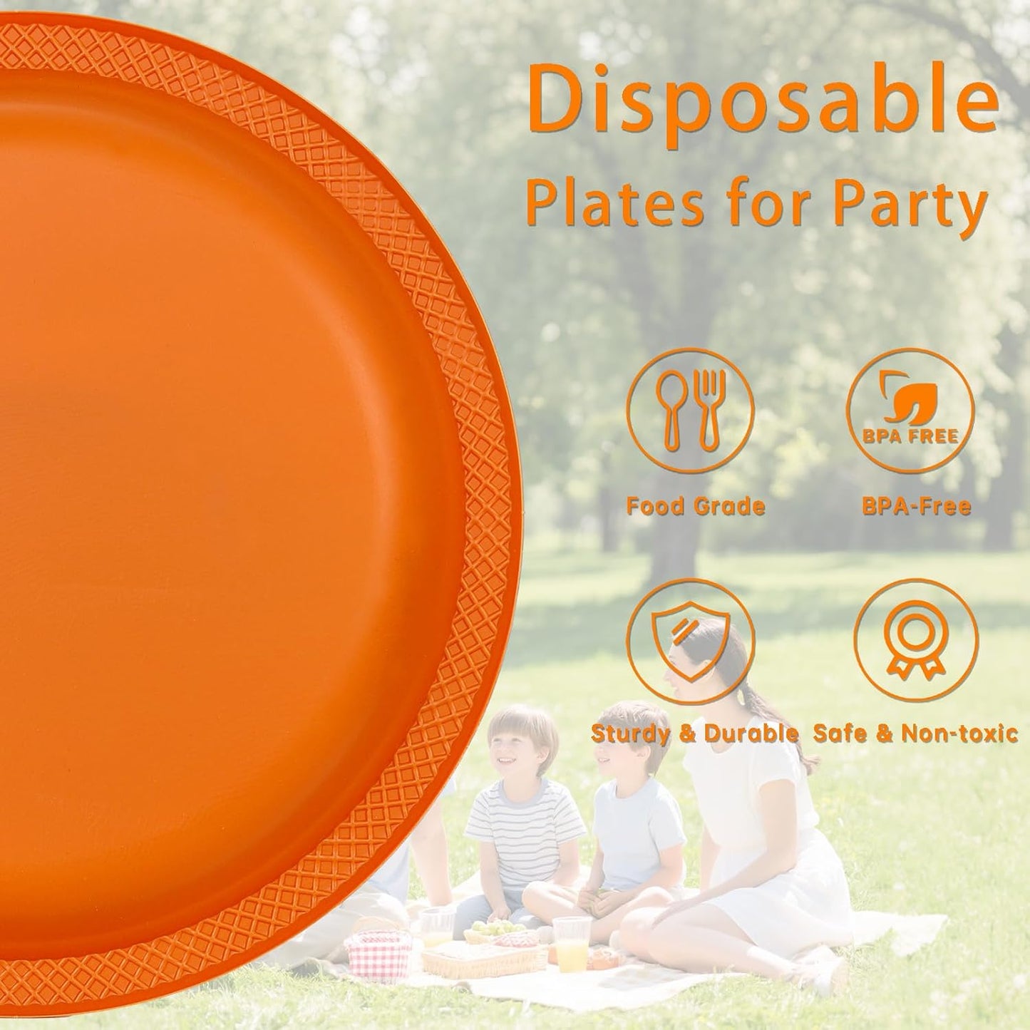 WELLIFE Orange Plastic Plates 7 Inch 50 Count Disposable Plate Thanksgiving Plates for Party, Dessert Small Plate for Dinner Cake Salad Supplies Birthday