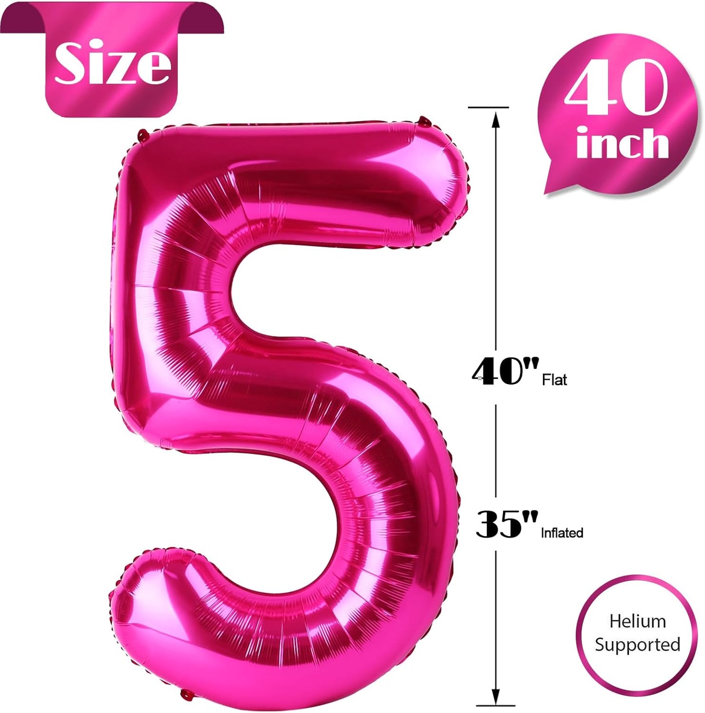 Hot Pink 5 Balloon, Number Balloons 40 Inch, 5th Birthday Balloon Decorations, Hot Pink Party Supplies, 5 Number Balloons, Number 5 Balloon