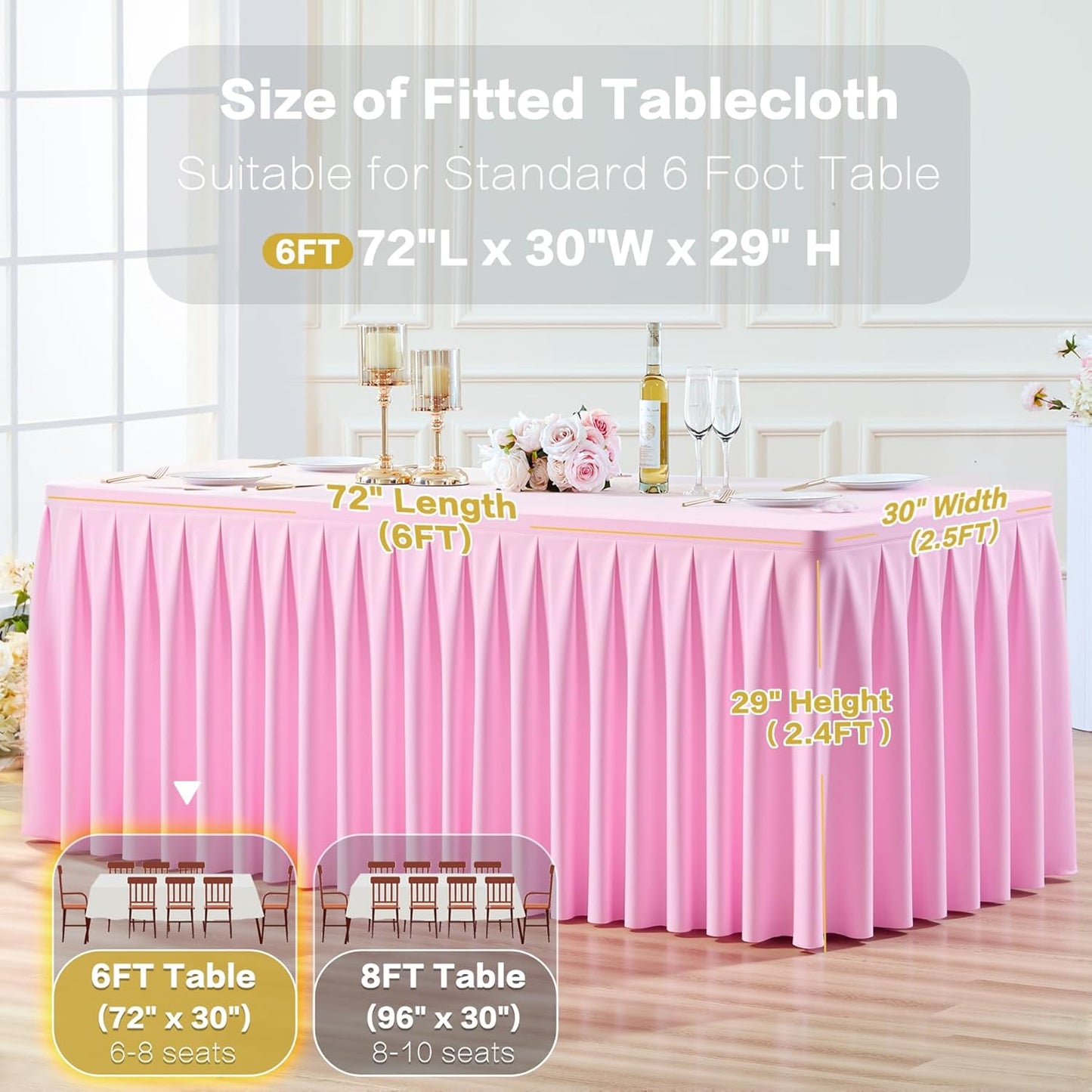 6 Pack Pink Rectangle Tablecloth 6 FT Stretch Spandex Fitted Table Cloth for 6 Foot Rectangle Tables Banquet Tablecloths Wrinkle Free Table Cover Skirt Ruffle Tablecloth for Party Wedding Birthday