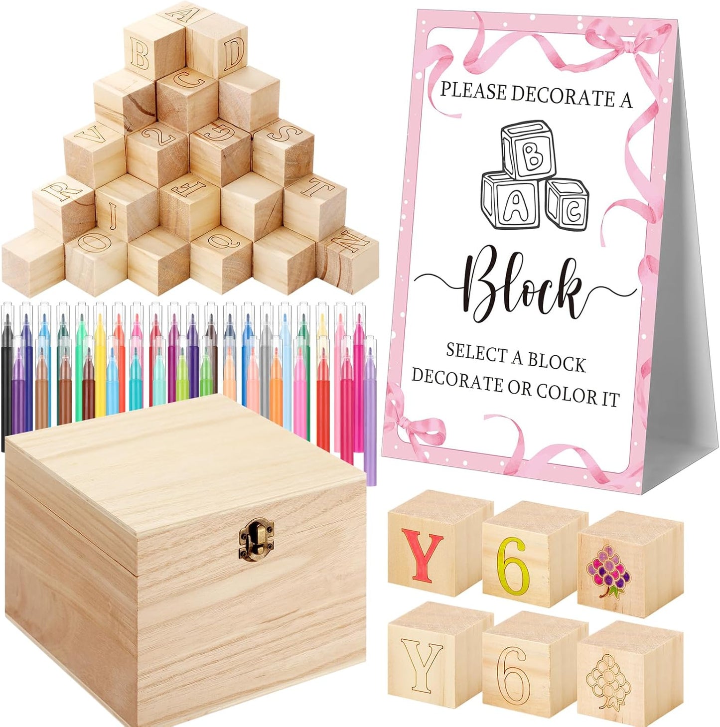 Marsui 136 Pcs Baby Shower Blocks to Decorate Game Kit Includes 98 Wooden Blocks, 36 Markers, 1 Game Sign, 1 Storage Box for Baby Shower Gender Reveal Activity Party Decorations (Pink Bow)
