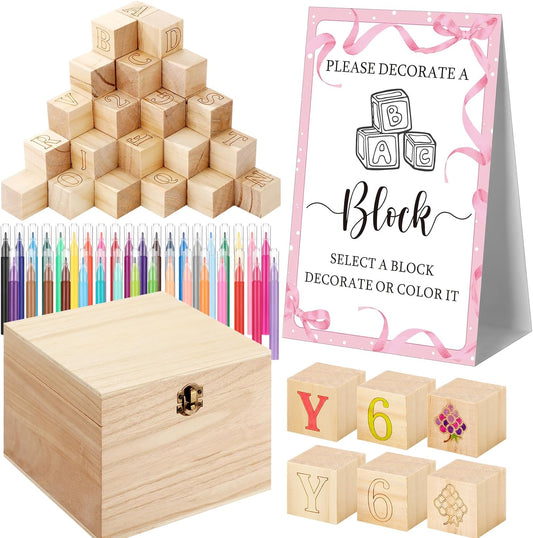 Marsui 136 Pcs Baby Shower Blocks to Decorate Game Kit Includes 98 Wooden Blocks, 36 Markers, 1 Game Sign, 1 Storage Box for Baby Shower Gender Reveal Activity Party Decorations (Pink Bow)