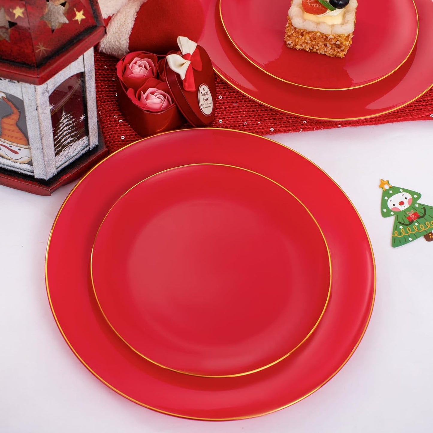 PULOTE 100PCS Red Plastic Plates Disposable Heavy Duty - Include 50 Dinner / 50 Dessert Plates for Party & Christmas