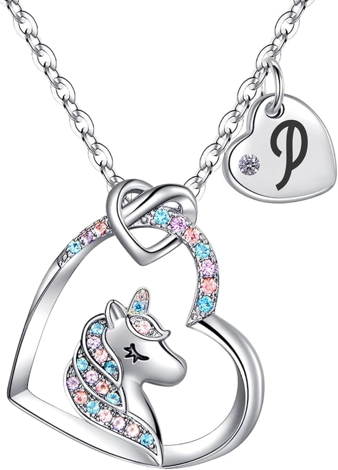 Unicorn Necklace for Girls Kids with Personalized Initial Heart Pendant, 18K Gold Fashion Jewelry for Girls, Colorful Heart Necklace for Birthday Gifts.