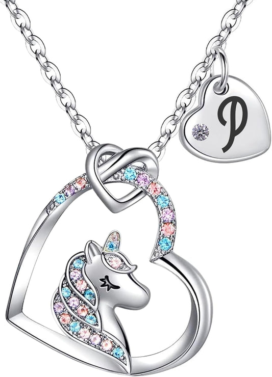 Unicorn Necklace for Girls Kids with Personalized Initial Heart Pendant, 18K Gold Fashion Jewelry for Girls, Colorful Heart Necklace for Birthday Gifts.