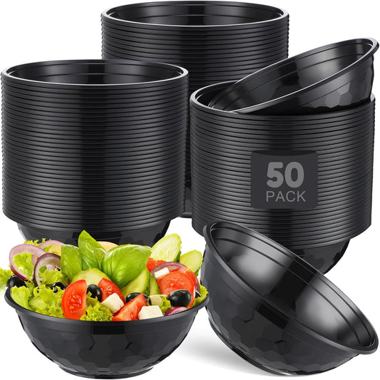 50 Pack Disposable Plastic Bowls 32oz Plastic Salad Bowls Large Stackable Serving Soup Dinnerware for Birthdays, Weddings, Parties, Festivals (Black)