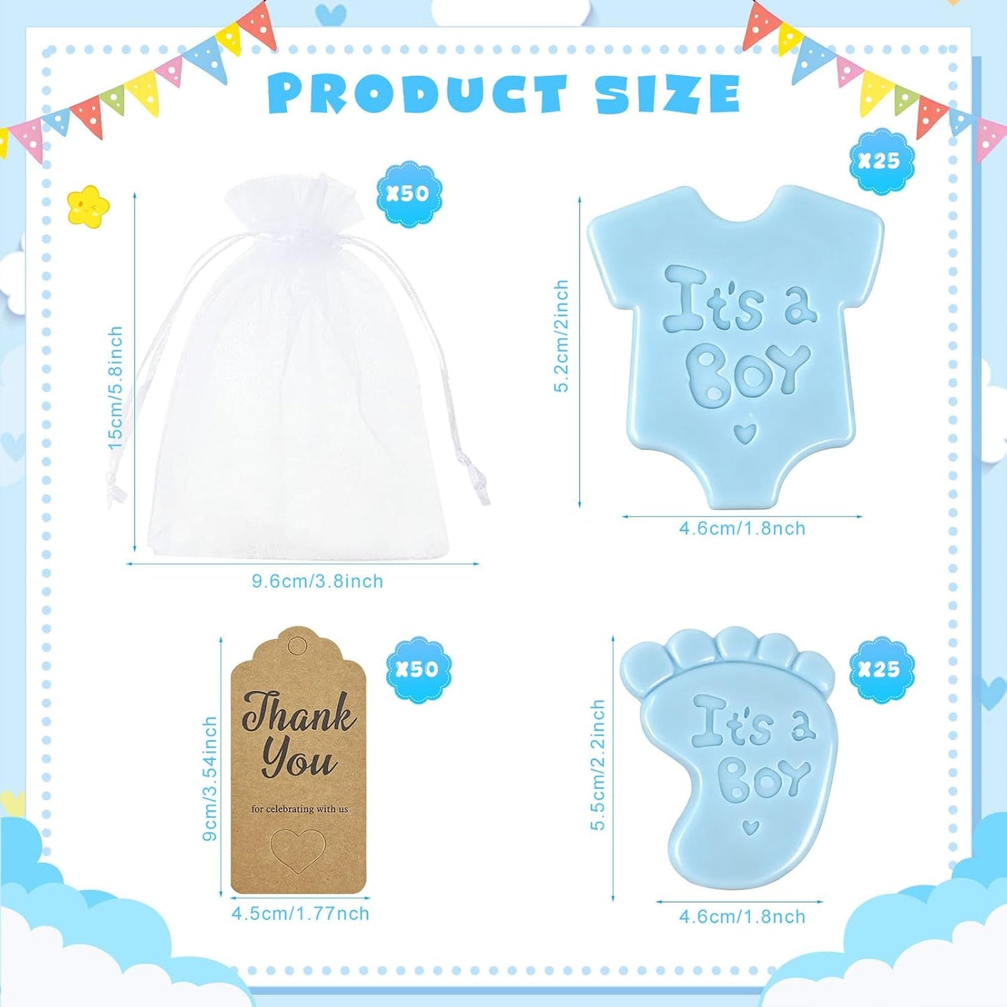 50 Sets Baby Shower Soap Favors Baby Feet&Shirt Handmade Soaps with Thank You Tags and Organza Bags for Guests Gift Shower Party Favors(Blue)