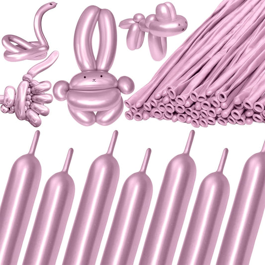 KAWKALSH 260 Metallic Pink Long Balloons for Balloon Garland Thickening Skinny Latex Twisting Animals Modeling Christmas Birthday Wedding Party Festival Decorations 100pcs