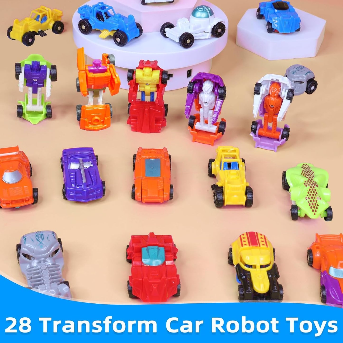 28 Pack Transforming Car Robot Toys for Kids, 14 Styles Prefilled Mini Vehicle Gift for Grandkids Boys Girls Party Favors, Birthday, Game Prizes and Christmas Stocking Stuffer Filler