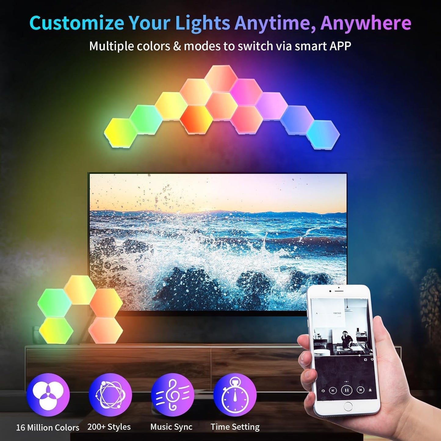 16-Pack Hexagon RGB LED Wall Lights – Modular Smart Light Panels with App & Remote Control, Music Sync & Dynamic Effects – DIY Gaming Room, Bedroom & Home Decor Lighting