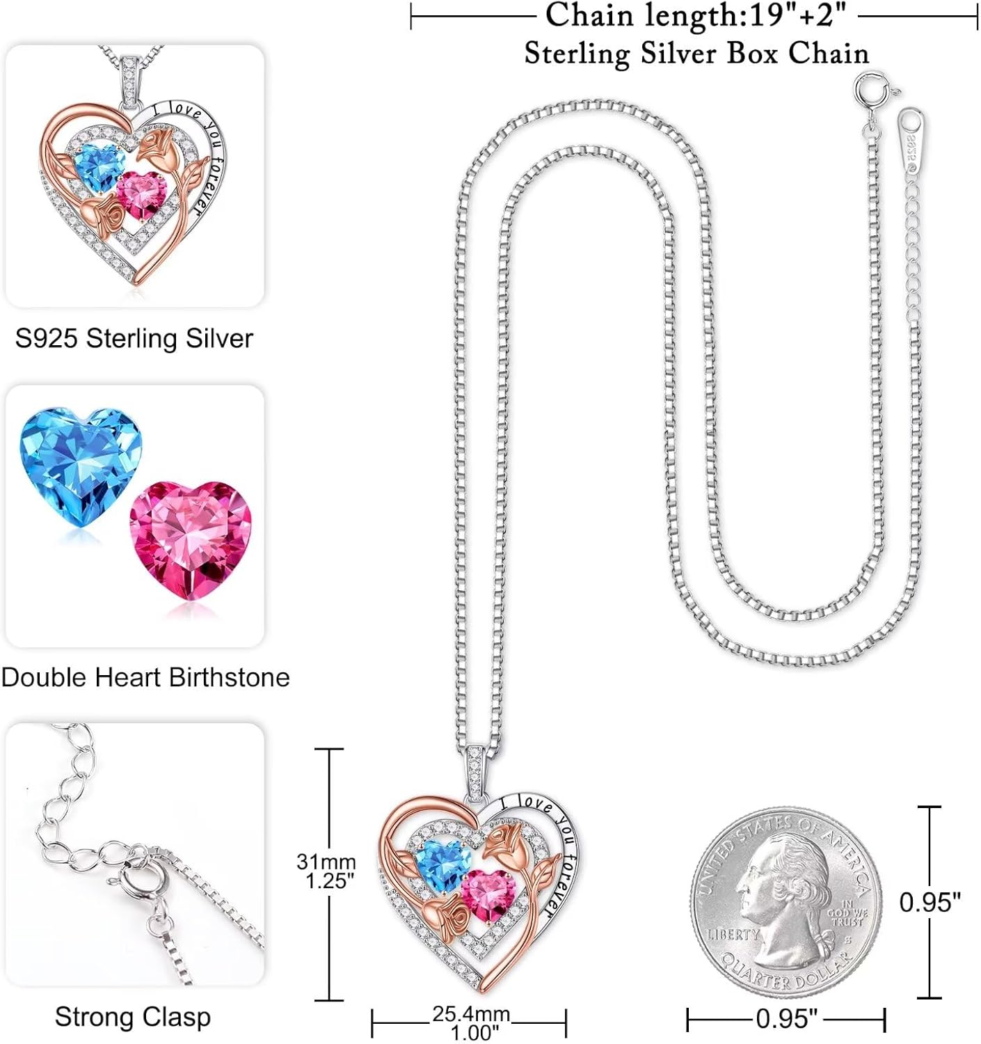 Iefil Birthstone Necklace for Women - Sterling Silver Birthstone Necklace Anniversary Birthday Gifts for Her Wife Mom Daughter