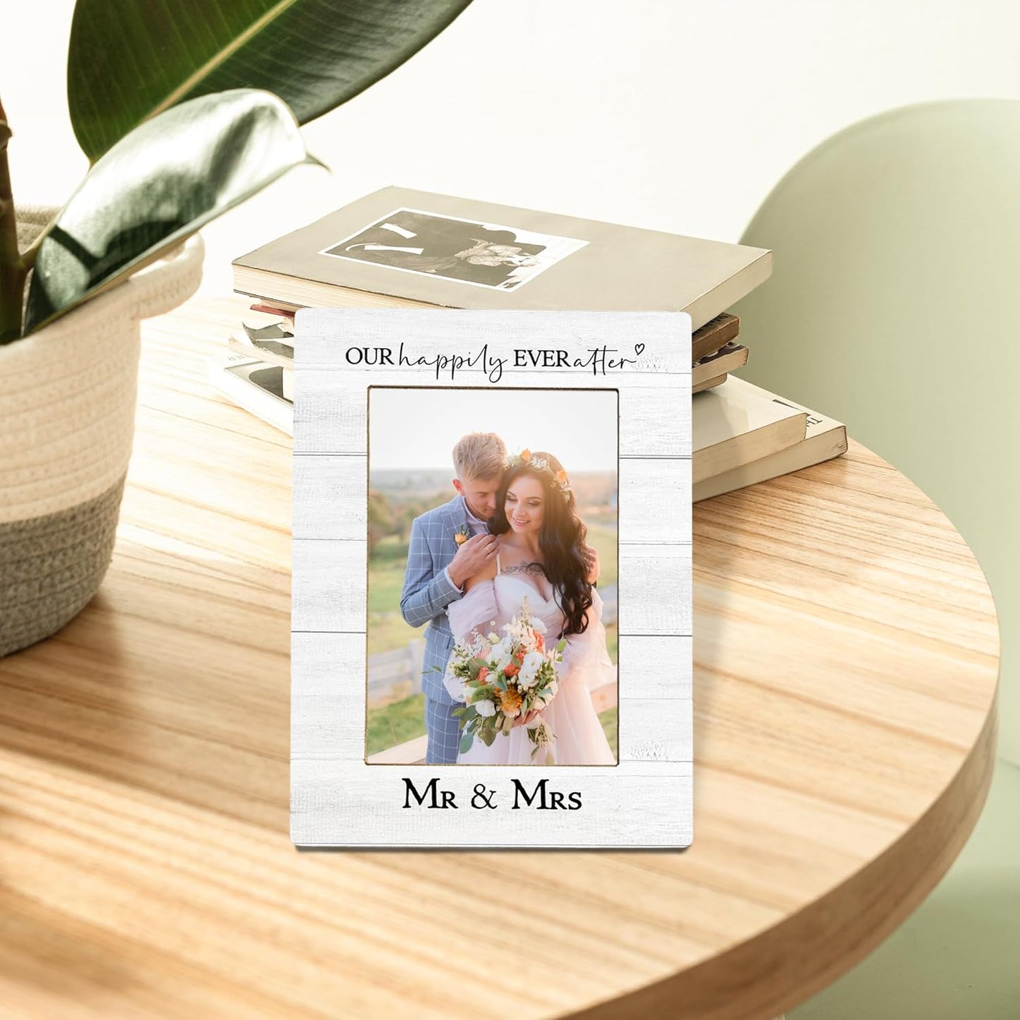 Wedding Picture Frame, Wedding Gifts for Couples, Our Happily Ever After Mr And Mrs Photo Frame 4X6, Bridal Proposal Gifts Engaged Engagement Wooden Photo Picture Frames for Desk Tabletop Decor
