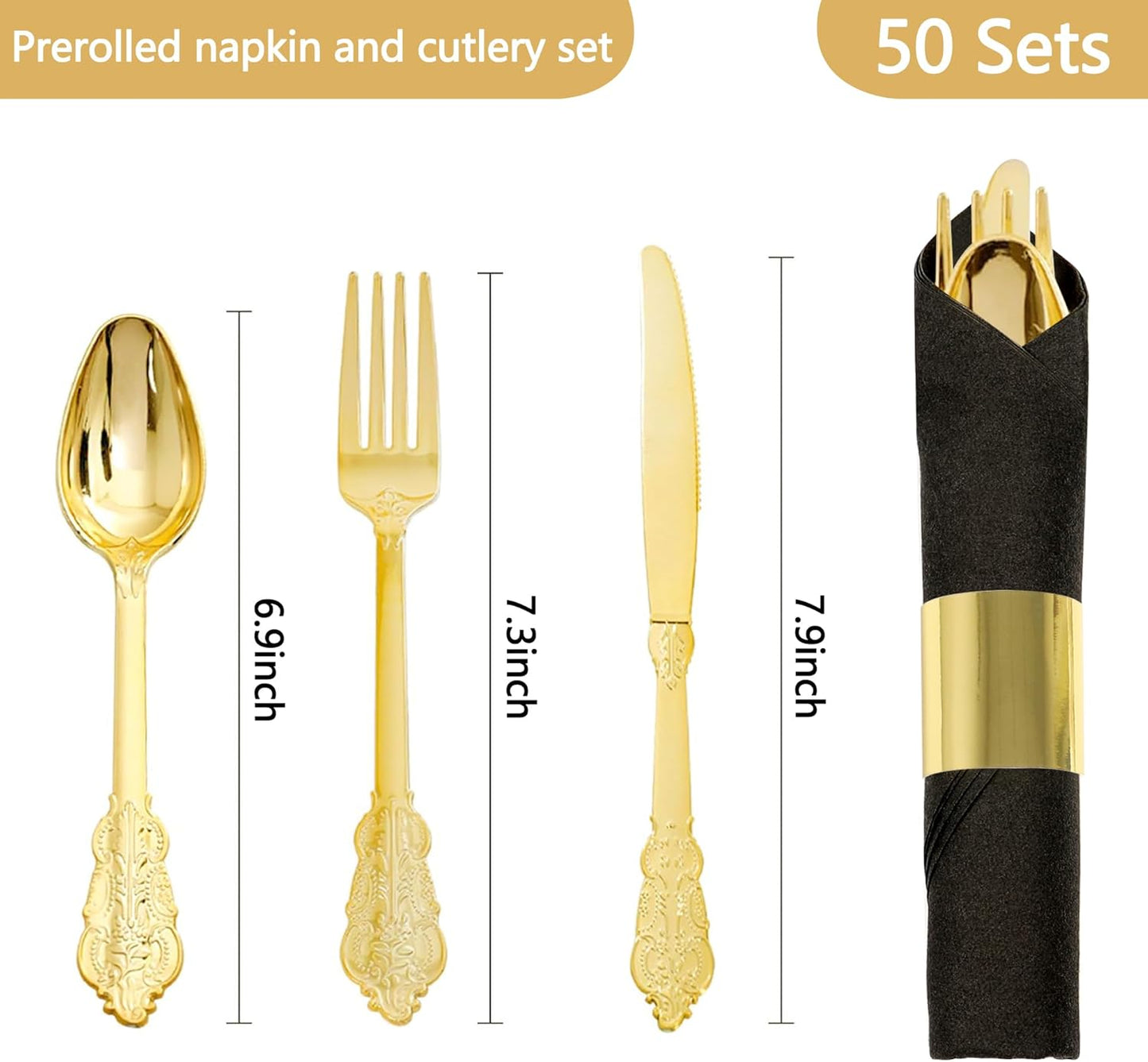 50 Pack Pre Rolled Gold Plastic Silverware Set,Fancy Wrapped Plastic Cutlery Set with Napkin Include 50 Forks,50 Spoons,50 Knives and 50 Black Napkins for Party, Wedding