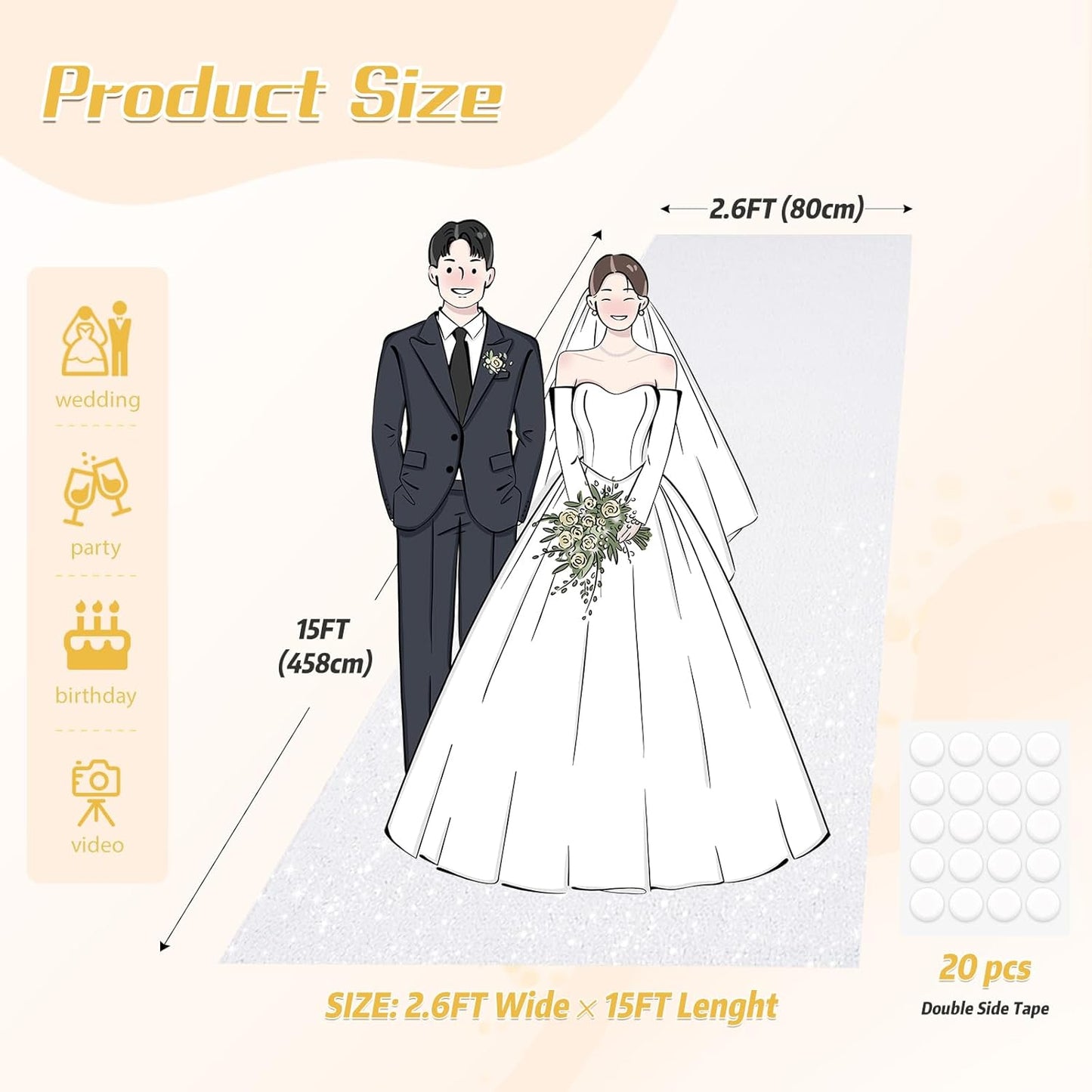 PartyDelight White Carpet Runner for Party 2.6FTx15FT Sequin Wedding Aisle Runner Sparkly Rug for Prom Ceremony Indoor Outdoor Engagement Decoration