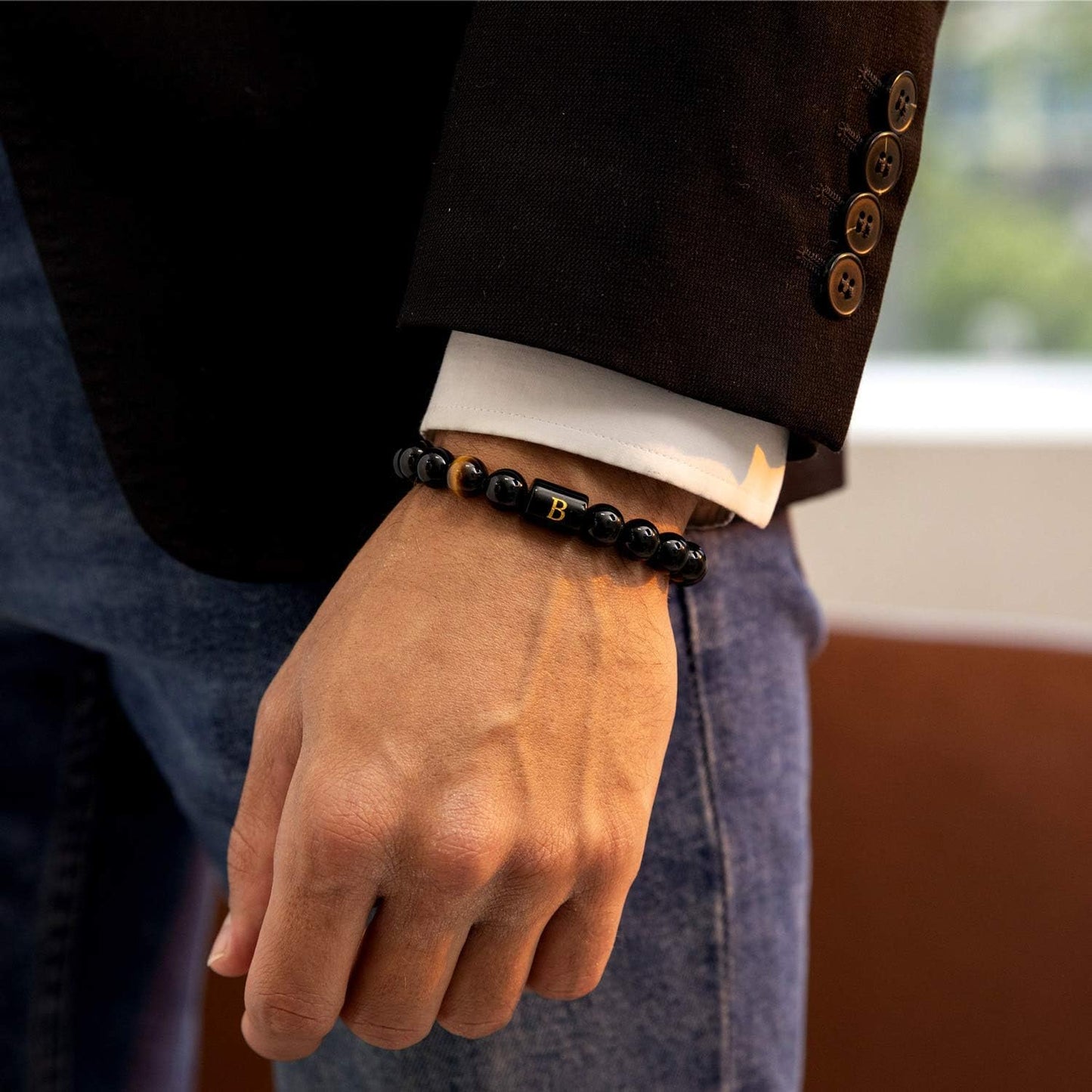 FRG Initials Bracelets for Men Letter Link Handmade Natural Black Onyx Tiger Eye Stone Beads Braided Rope Meaningful Bracelet