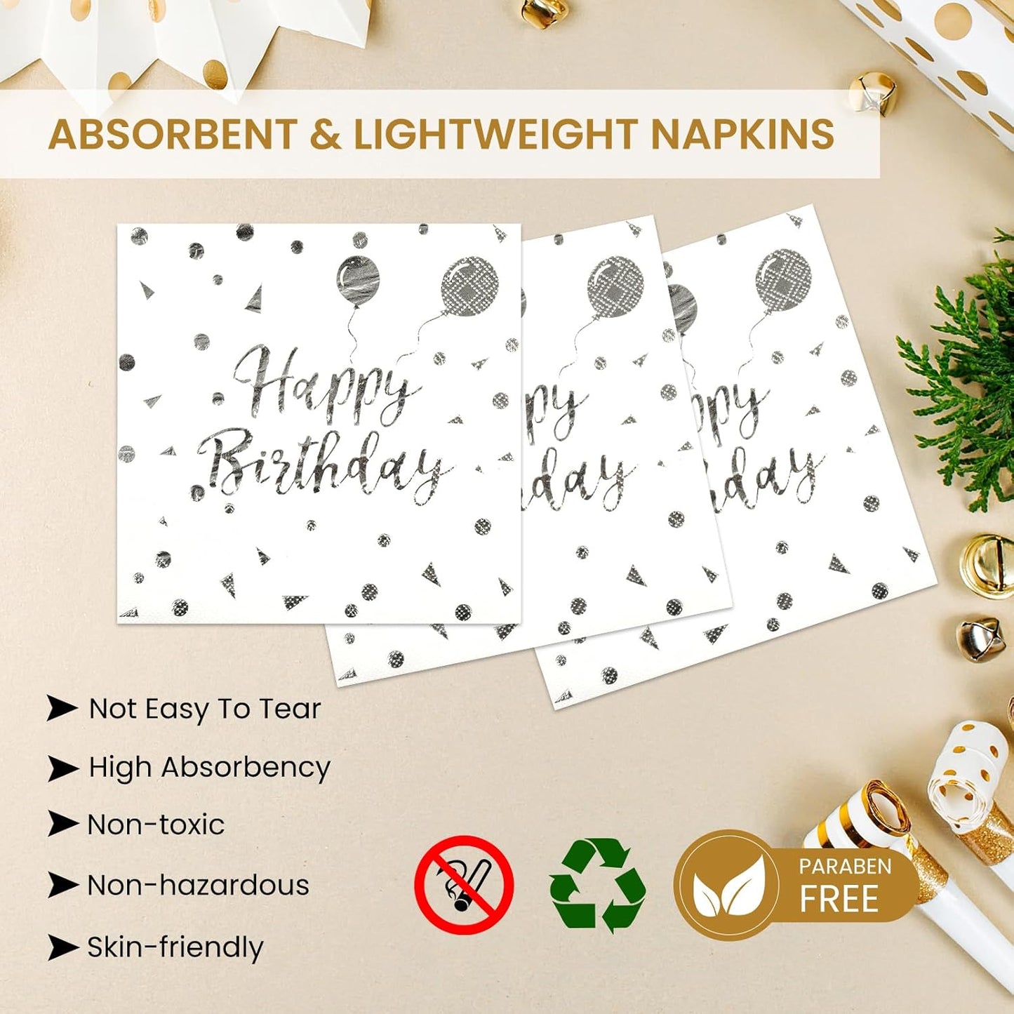 75PCS Happy Birthday Paper Plates - 7 Inch White Sliver Dot Paper Plates and 6.5 Inch Napkins with 6.3 Inch Sliver Forks Disposable Tableware Set for Birthday Party Decorations, Serve 25