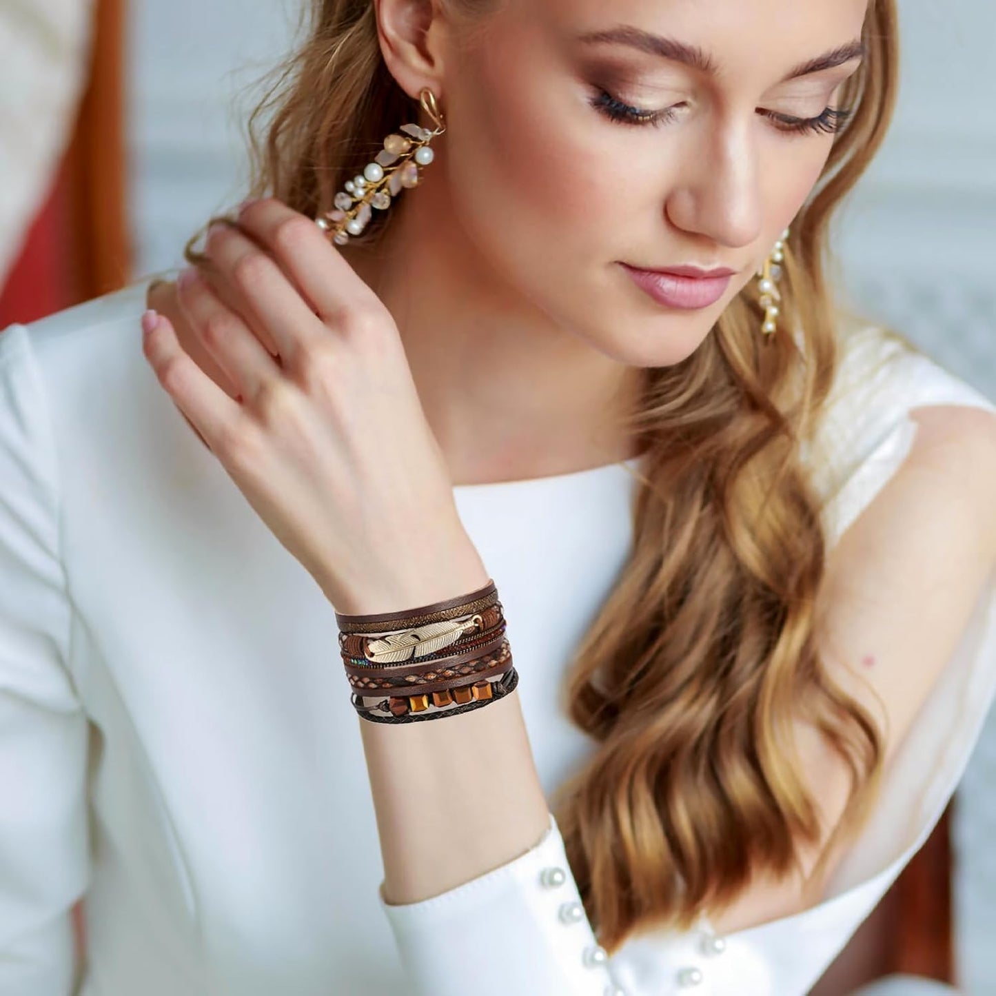 Fesciory Leopard Bracelet for Women, Boho Leather Wrap Multi-Layer Pearl Crystal Bracelet Bangle Jewelry