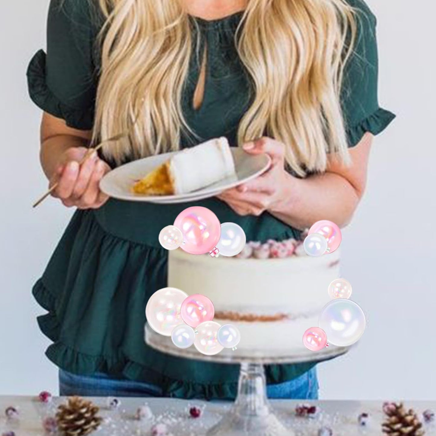 Rsstarxi 24 PCS Ball Cake Toppers - Mini Balloon, DIY Cake Inserts & Picks for Baby Shower, Wedding, Kids Parties - Clear, White, Pink Foam Balls