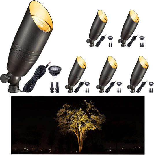 Gardenreet Low Voltage Spot Lights - Solid Brass Landscape Spotlight Wired, 12V Outdoor LED Bullet Uplights, Waterproof Electric Bronze for Patio Wall with 2700K Warm White MR16 Bulb (6 Pack)