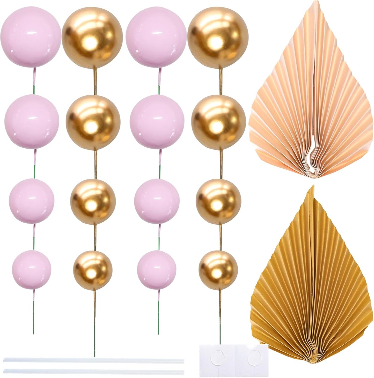 Ephlyn 28Pcs Paper Palm Fan Cake Topper Balls Cake Pick Decoration for Baby Shower Wedding Bridal Shower Birthday Party DIY Cake Decorations Supplies Pink Gold