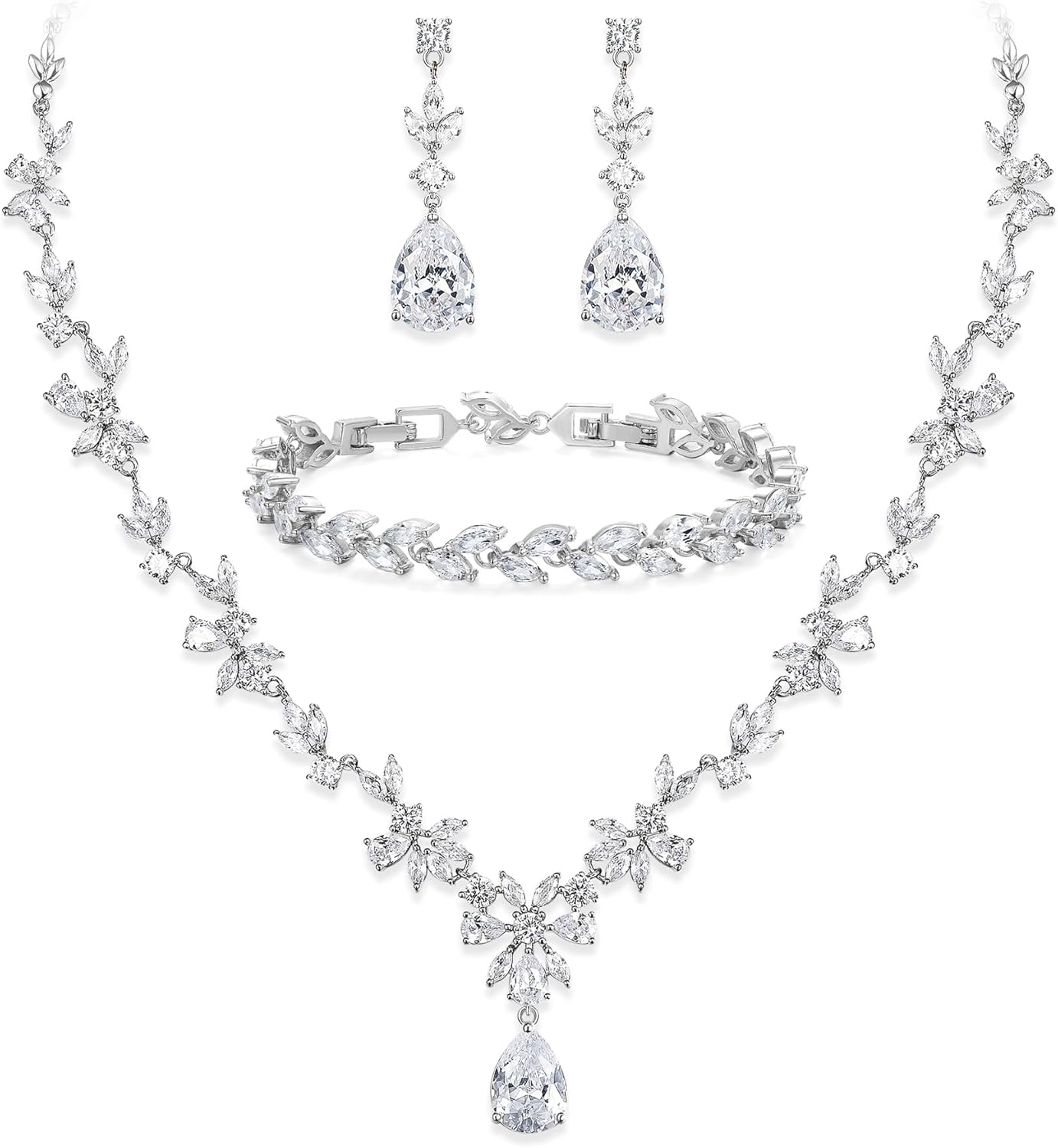 BriLove Gorgeous Wedding Jewelry Set for Women Bridal Cubic Zirconia Marquise Teardrop Leaf Cluster Y-Necklace Dangle Earrings Link Bracelet