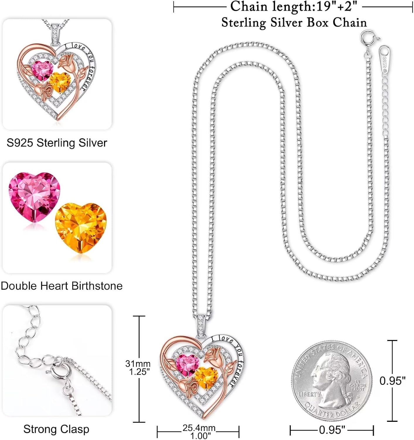 Iefil Birthstone Necklace for Women - Sterling Silver Birthstone Necklace Anniversary Birthday Gifts for Her Wife Mom Daughter