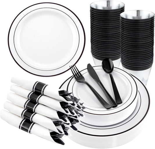 WELLIFE 350Pcs Black Plastic Dinnerware with Pre Rolled Napkins, Include:50 Dinner Plates, 50 Dessert Plates, 50 Paper Napkins, 50 Cups, 150 Plastic Cutlery