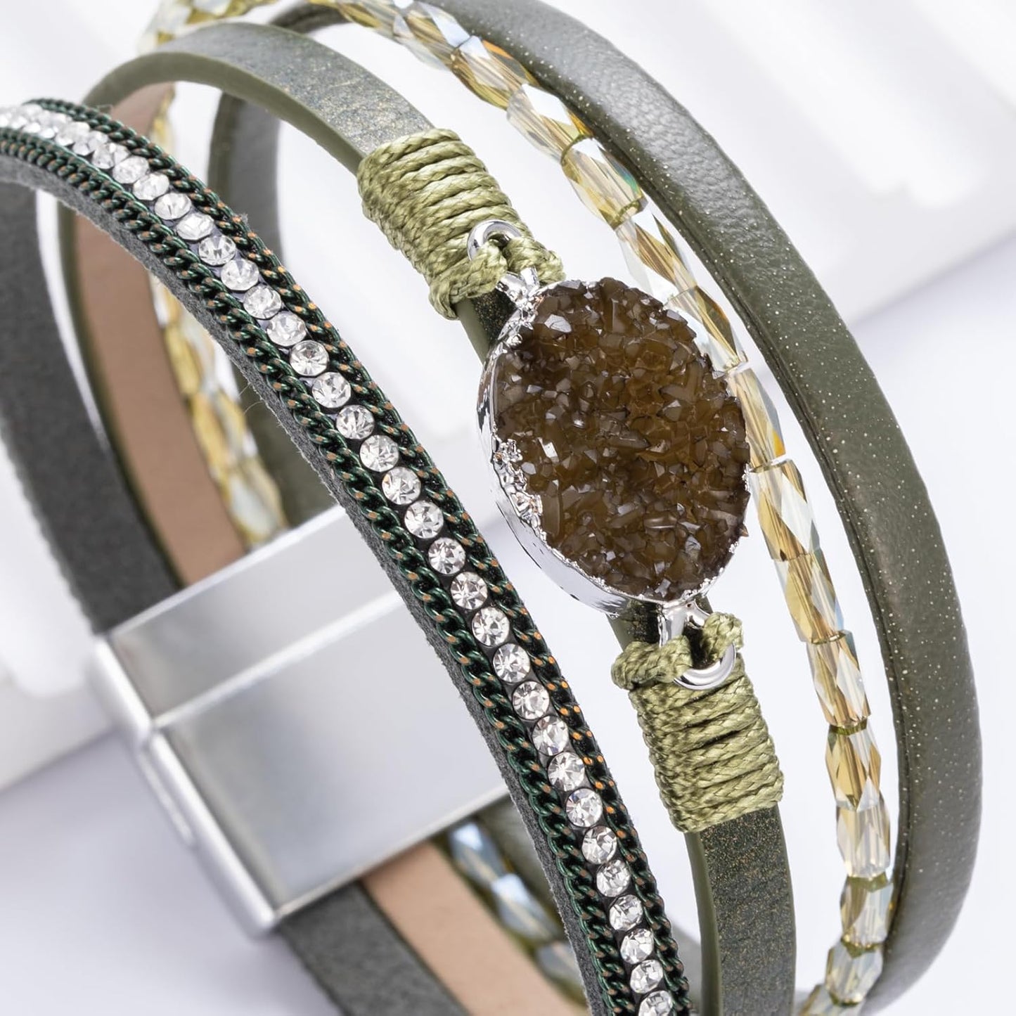 FANCY SHINY Leather Wrap Bracelet Boho Cuff Bangle Bracelets Crystal Bead Bracelet with Magnetic Clasp Jewelry Gifts for Women