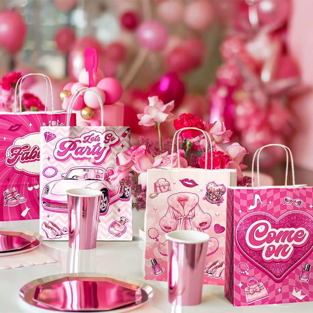 24 Pcs Princess Party Favor Bags with Handles - Pink Goodie Bags Gift Bags. Princess Theme Candy Bags for Kids, Kraft Paper Bags for Birthday Party Supplies and Baby Shower Decorations.