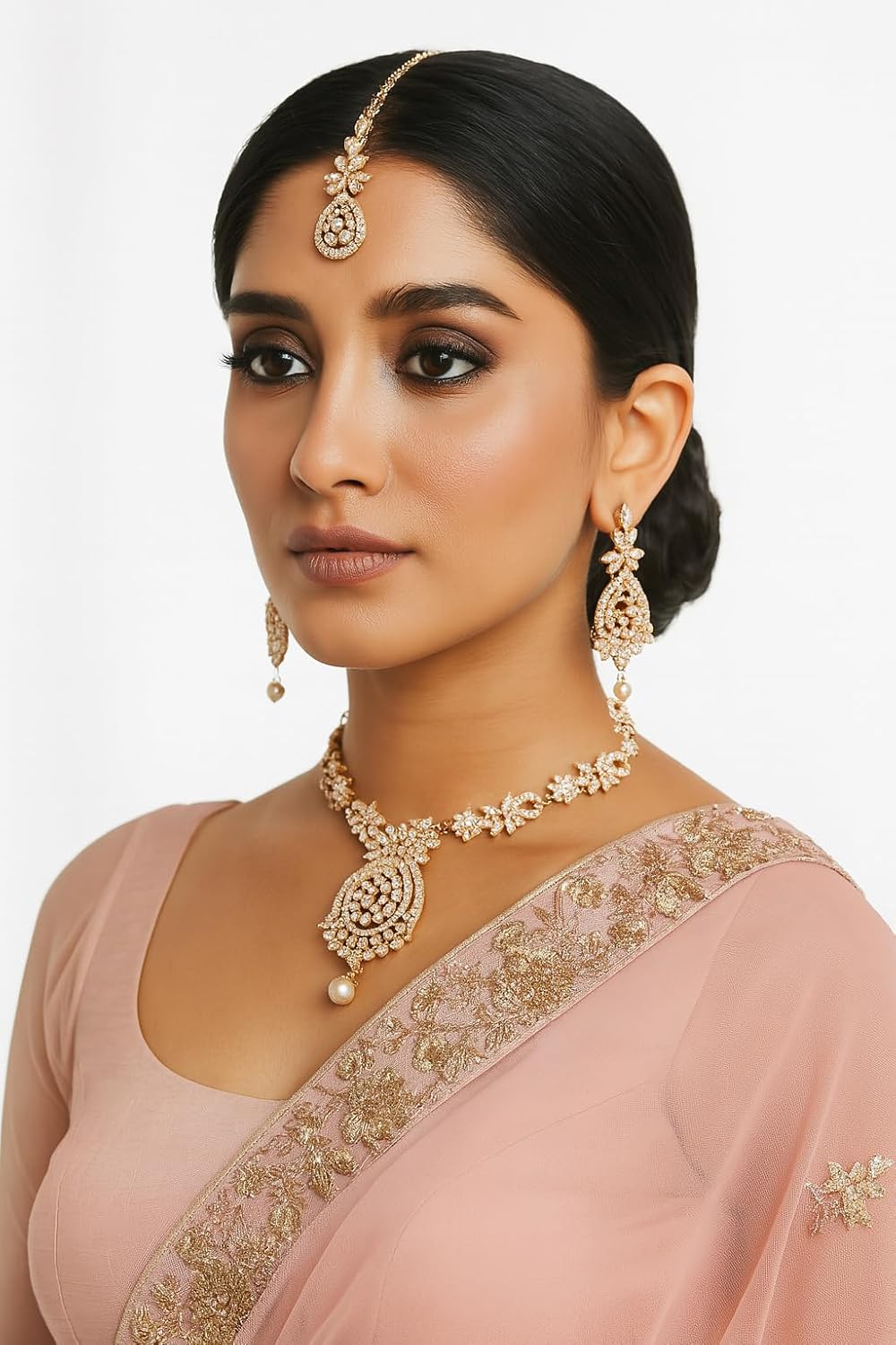 Touchstone Indian jewelry sets for women maang tikka wedding guest gold necklace bollywood jewellery set pageant elegant prom bride accessories western crystal chunky rhinestone necklaces