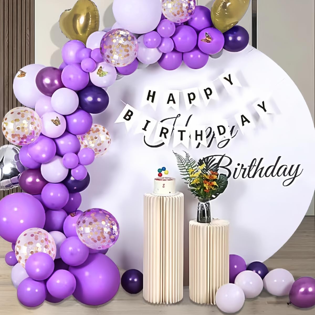 Purple Black and Gold Balloon Arch Kit, 147PCS Latex Balloons Different Sizes 18 12 10 5 inch for Baby Shower Girl Princess Birthday Wedding Engagements Anniversary Party Decoration