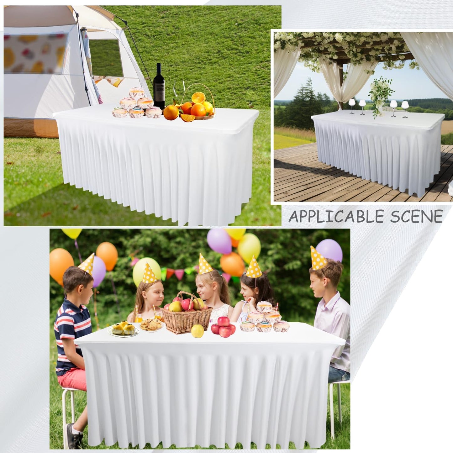 4 Pack - White Spandex Table Skirt for 8ft Tables (96" L x 30" W x 30" H) | Stretch, Washable & Wrinkle-Resistant Fitted Cover | Banquet, Birthday Party Decor