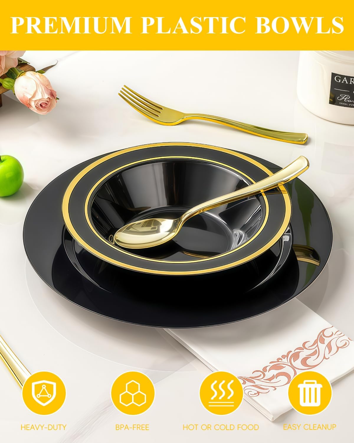 200 Pack Black Disposable Bowls with Gold Rim, 12oz Black Plastic Soup Bowls for Party, Wedding, Holiday,And Halloween