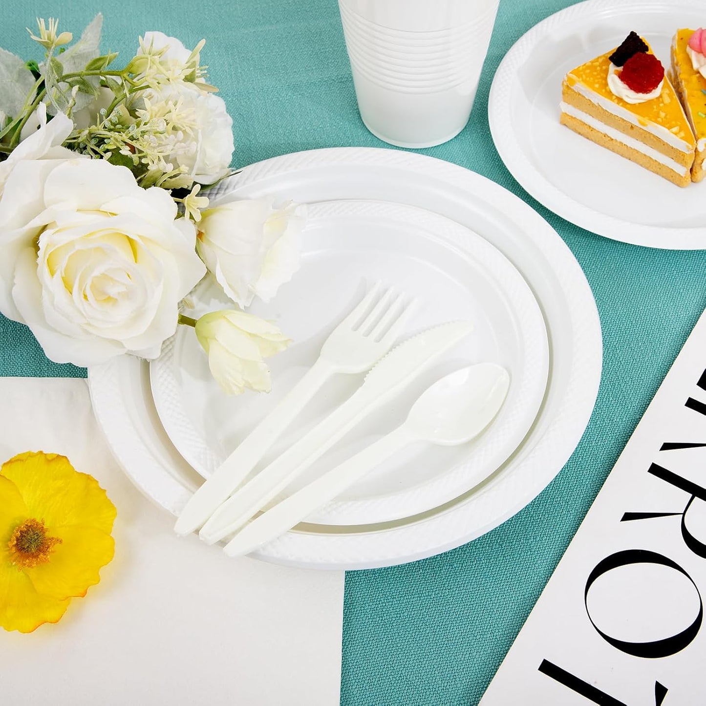 MirthMood 350PCS White Disposable Plates, Round Solid Color Disposable Plates for Party, including 50 Dinner Plates,50 Dessert Plates,50 White Silverware,50 Napkins and 50 16OZ Cups