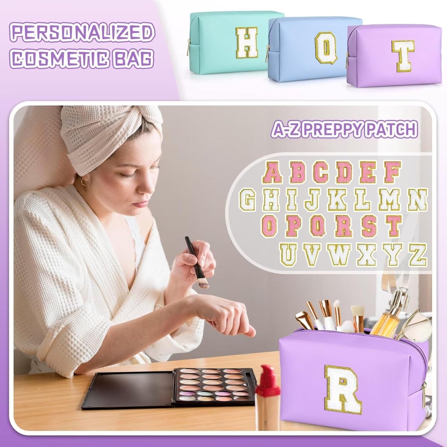 TOPEAST Monogrammed Gifts for Women, Preppy Makeup Bag Small Cosmetic Bag Travel Toiletry Bag, Personalized Birthday Gift for Girl, Wedding Bridal Shower Gifts for Bridesmaids (Purple M)