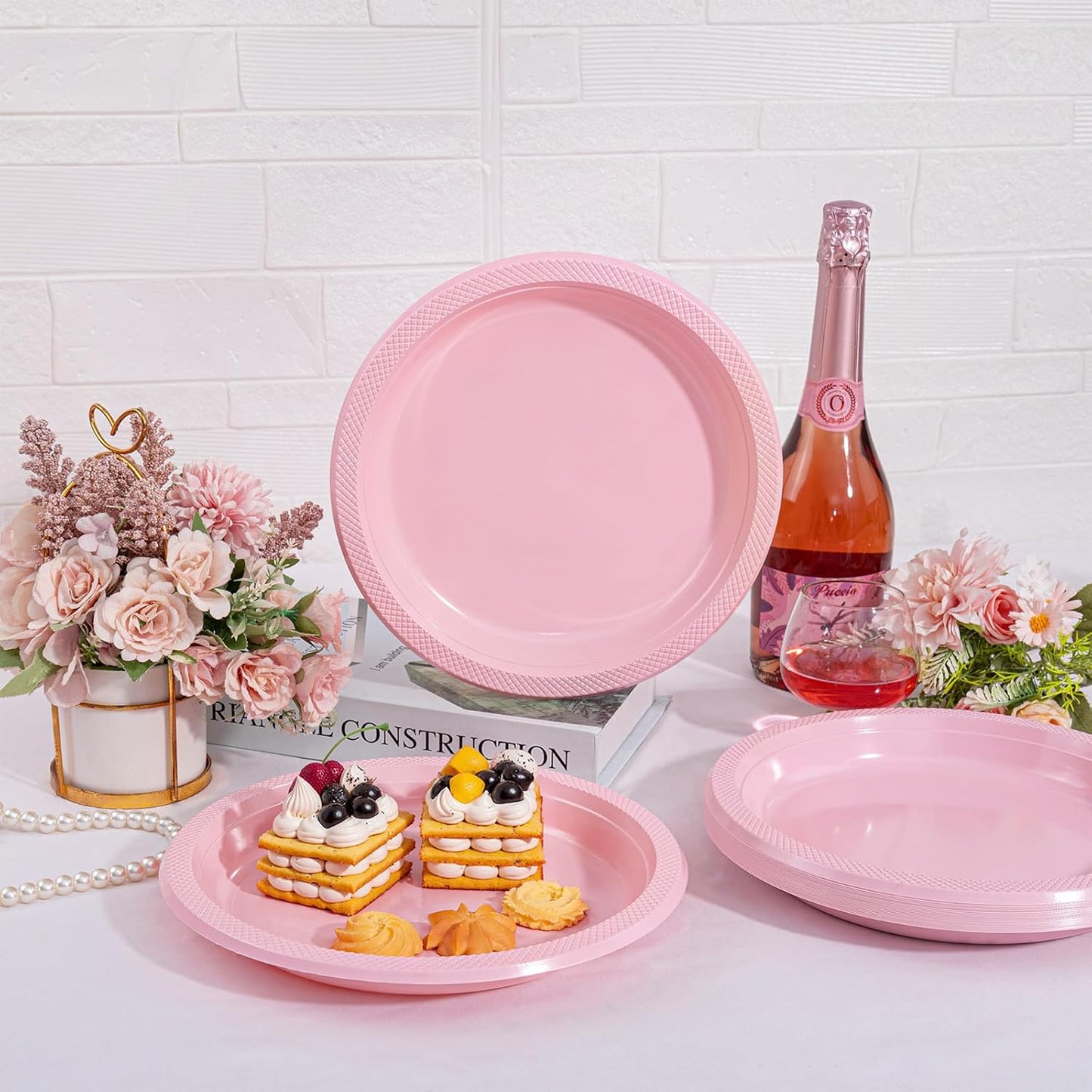 WELLIFE Pink Plastic Plates 10 Inch -150 Count for Party, Disposable Plastic Party Plates for Easter Mother's Day Baby Shower Dinner Dessert Cake Light Pink