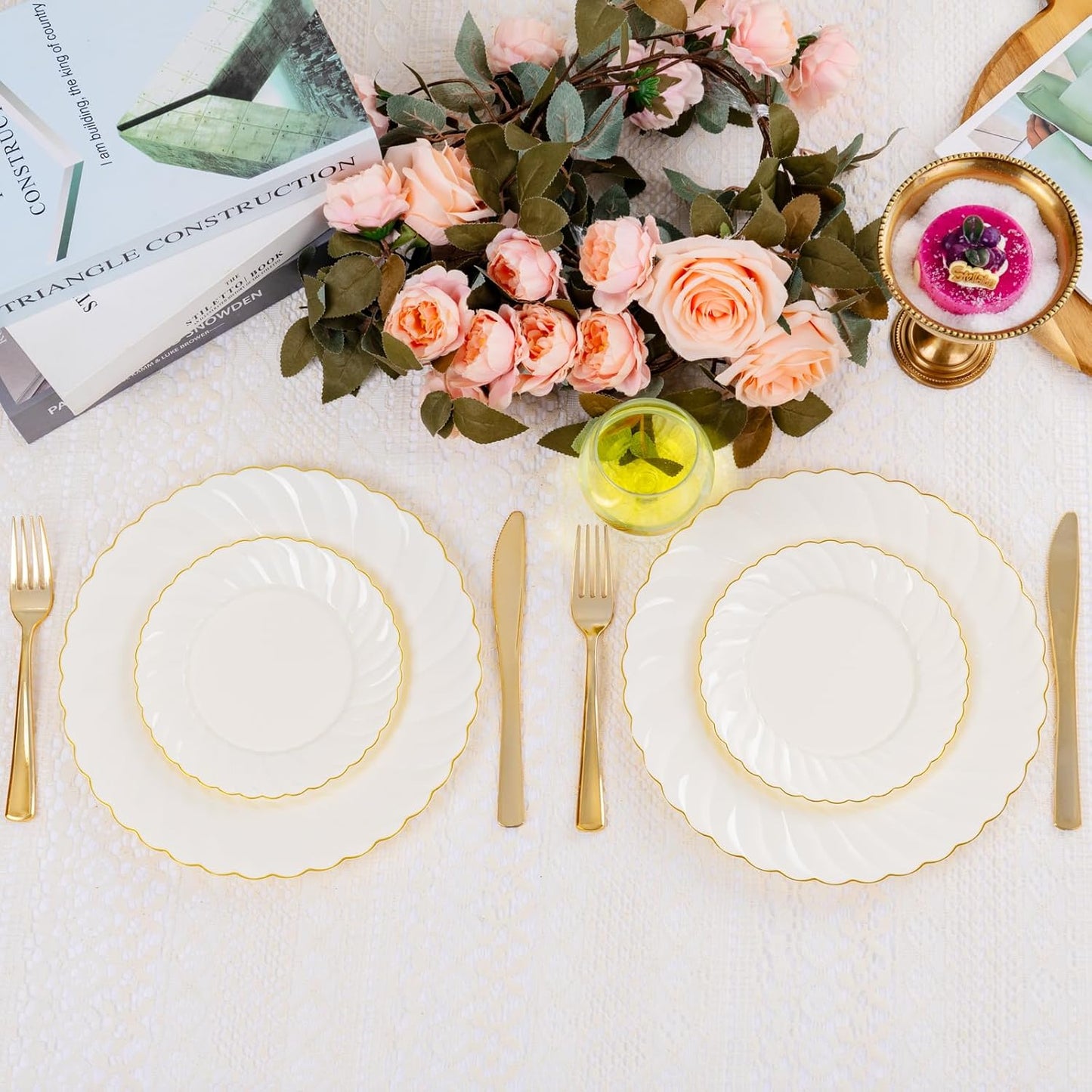 YOUBET 100 Pack Ivory Scalloped Plastic Plates - 6.5 Inch Gold Disposable Plates with Gold Rim - High End Elegant Vintage Dessert Salad Plate for Birthday Parties & Wedding Thanksgiving