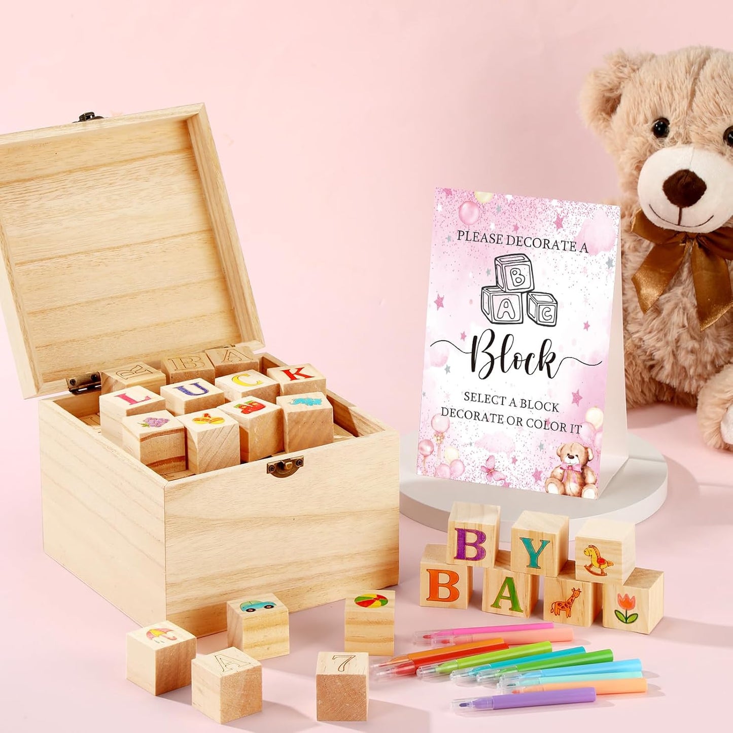Marsui 136 Pcs Baby Shower Blocks to Decorate Game Kit Includes 98 Wooden Blocks, 36 Markers, 1 Game Sign, 1 Storage Box for Baby Shower Gender Reveal Activity Party Decorations(Pink Bear)