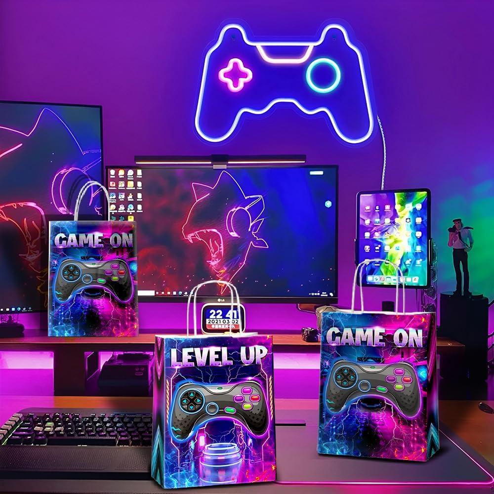 JOYGATHER 24 Pcs Gamer Party Favors Bags with Handles, Video Game Goodie Bags, Gift Bags, Candy Bags with 2 Different Types, Gaming Kraft Paper Bags for Birthday Party Supplies Baby Shower Decorations