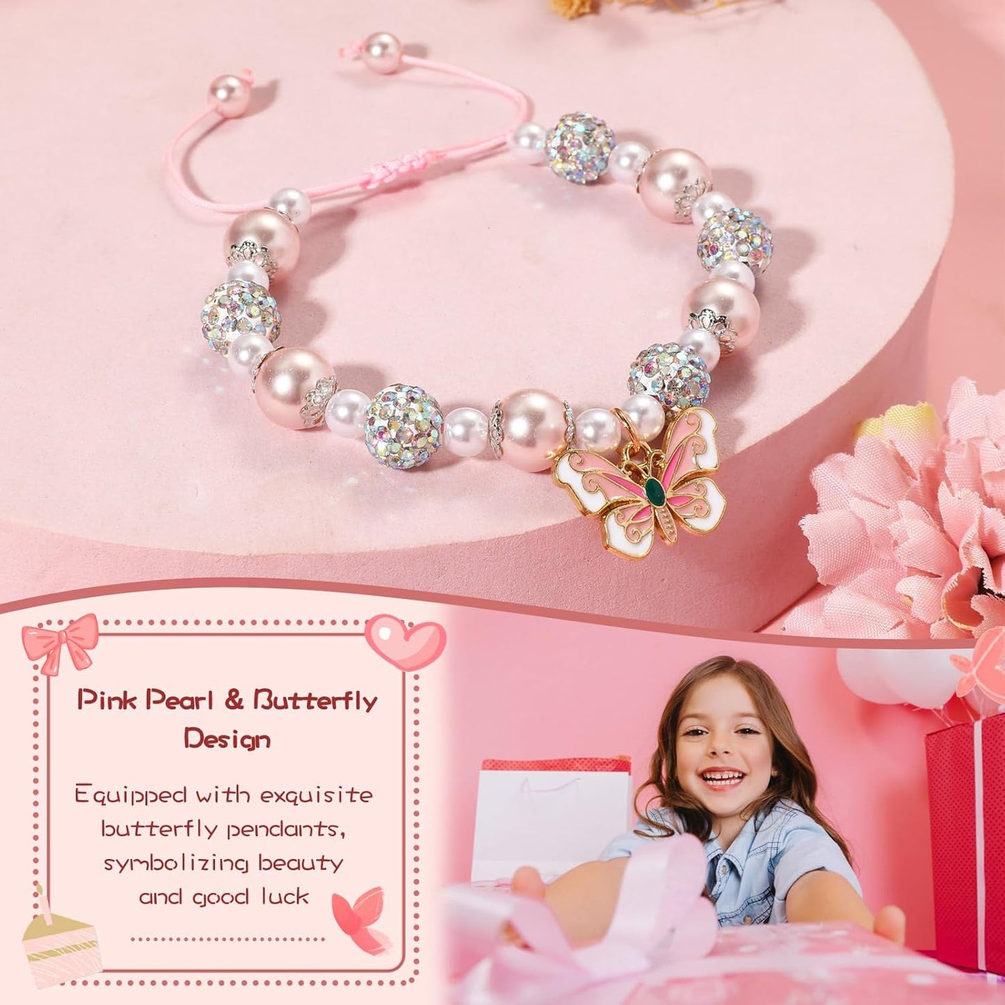 Artlunar Pink Pearl Butterfly Bracelet for Girls, Adjustable Sliding Knot (5.2”-9”) Stainless Steel & Pearl Charm – Kids Birthday Gift Jewelry for Daughter, Granddaughter, Niece